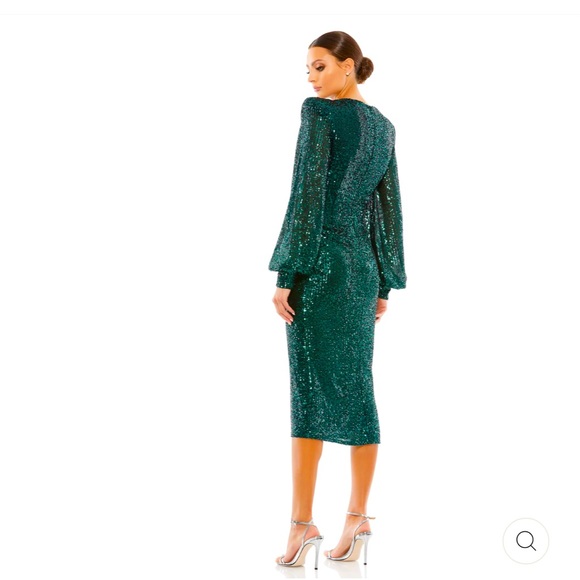 Ieena Mac Duggal Emerald Sequin Green Dress With Long Sleeves Gold Buttons 6 - Picture 2 of 15